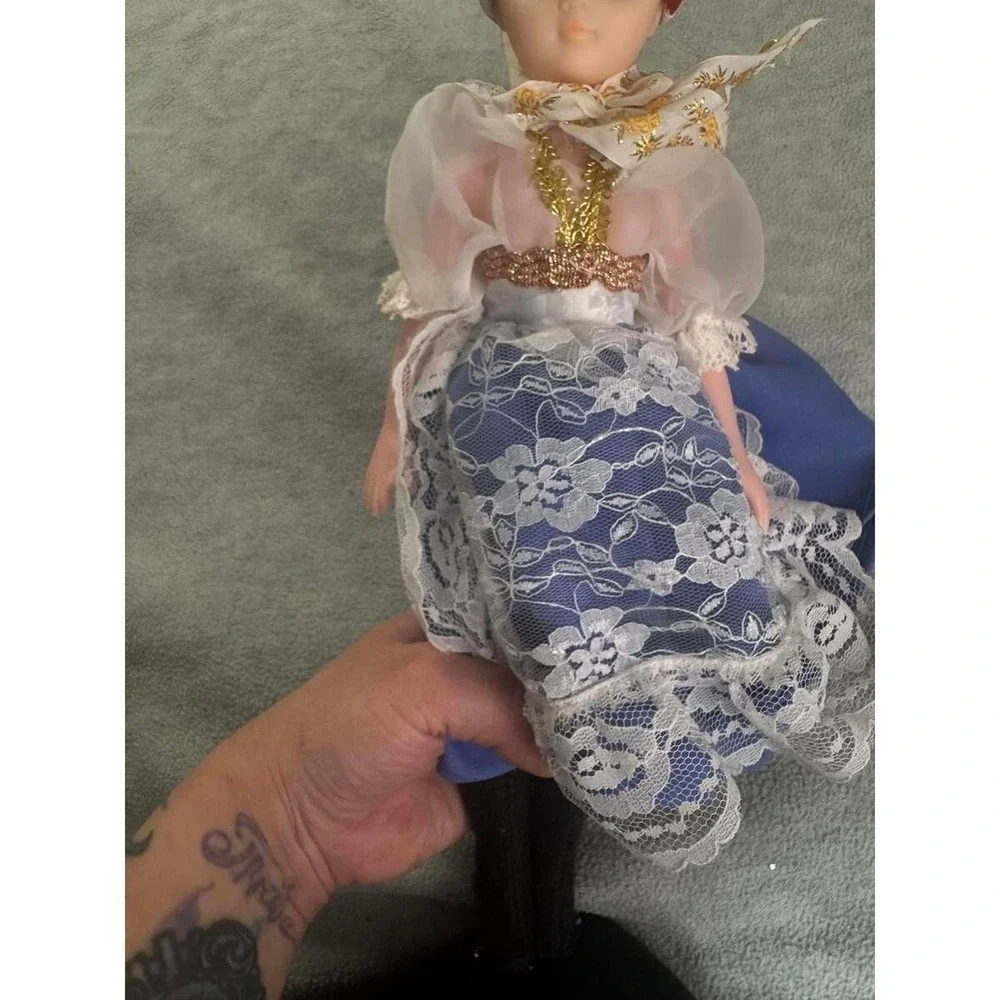 Vintage European Folk Costume Collector Doll Blue Sleep Eyes Lace Apron 10‎ Inch